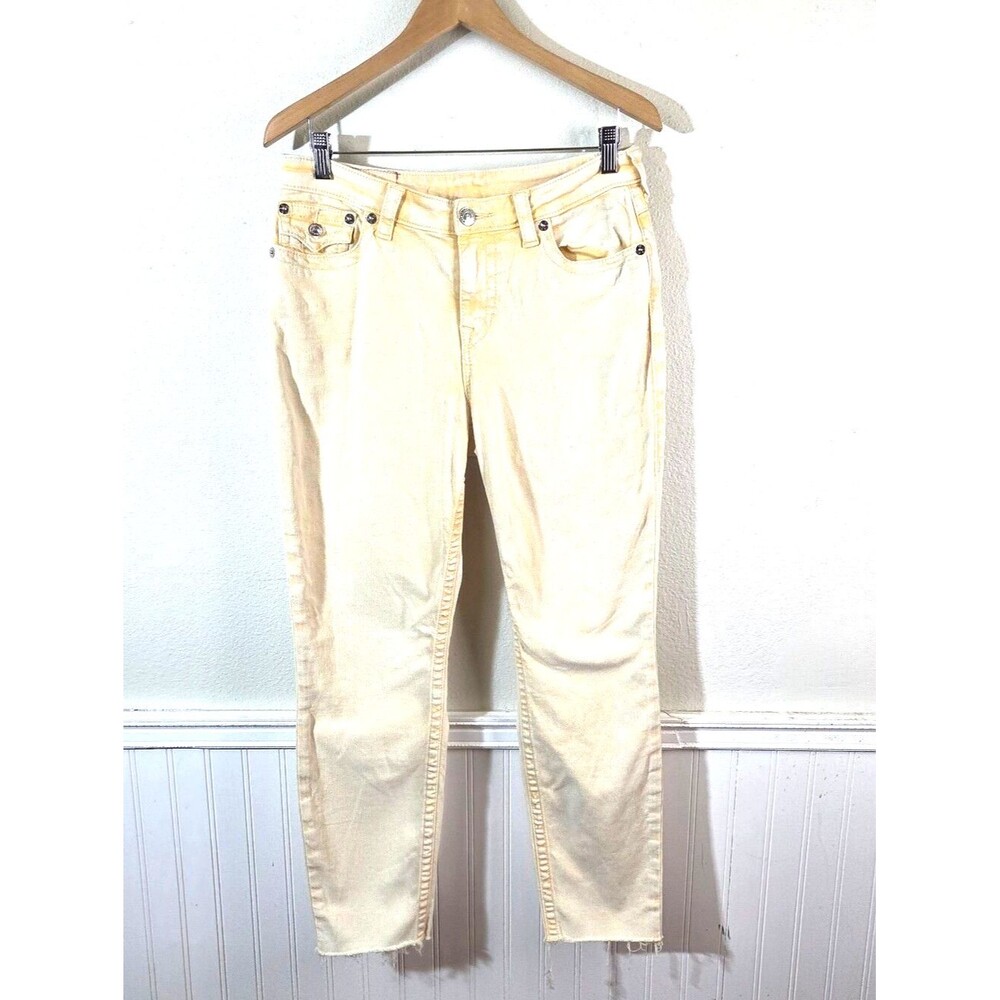 True Religion Women's Cutoff Frayed Jeans Yellow White Tie Dye Denim Size 12
